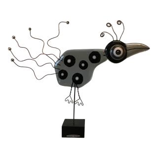 Glasfugl med dots sort og grå farver - håndlavet glaskunst